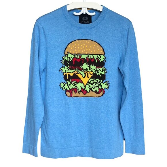 DJAB Hamburger Sweater 100% Cotton Colourful Blue Fun Men’s Small - Picture 1 of 11